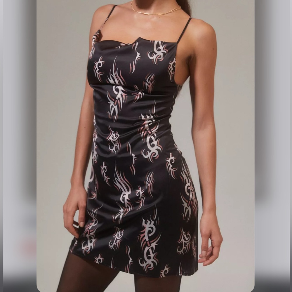 UO Mallory Cowl Slip Black Patterned Dress